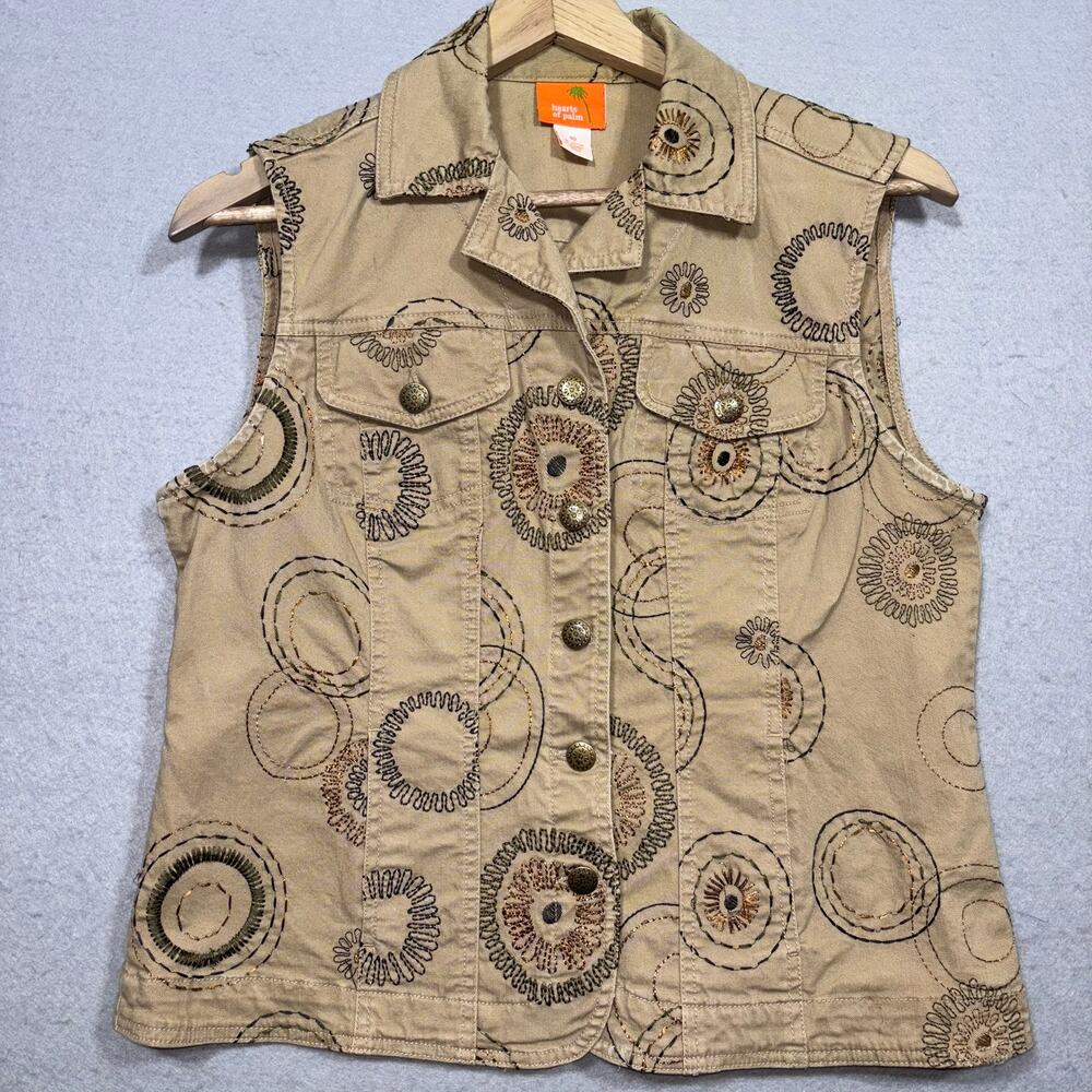 Hearts of Palm Boho Artsy Embroidered Vest Size 10 Beige Tan Neutral Circles